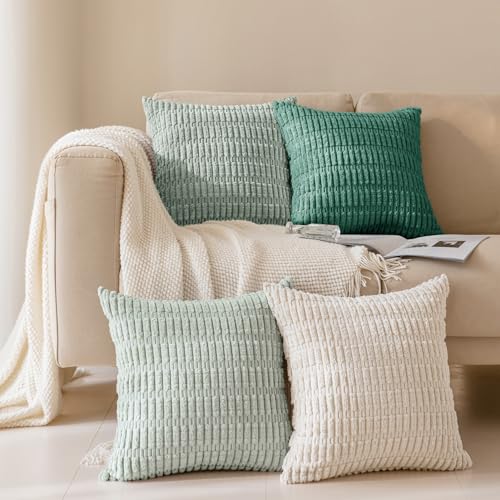 Pack of 4 Corduroy Decorative Throw Pillow Covers 18x18 Inch, Beige/Green | Soft Striped Farmhouse Boho Modern Home Decor Throw Pillow Covers for Couch Sofa Bedroom Living Room - color: Beige/Green, size: 18" x 18" (Pack of 4)