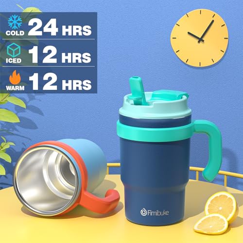 16oz Kids Insulated Tumbler w/Handle, 2 Pack Kids Toddler Water Bottle Cup | Leak-Proof Sip/Swig 2-in-1 Lids, BPA FREE 18/8 Stainless Steel Drinking Sippy Cup w/Straw Travel Mugs for Children Boys Girls - color: B2.Navy Blue & Light Blue