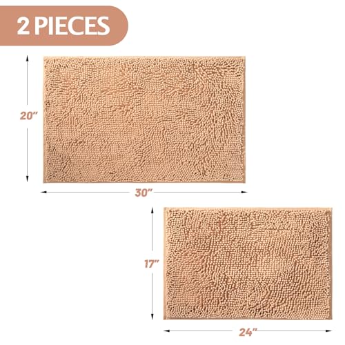 Chenille Bathroom Rugs Set 2 Piece, Absorbent Bath Rugs, Non-Slip Bath Mats, Machine Washable Rugs for Bathroom Floor, Tub and Shower, Beige (20 × 30 Plus 17 ×24 - Inch) - color: Beige