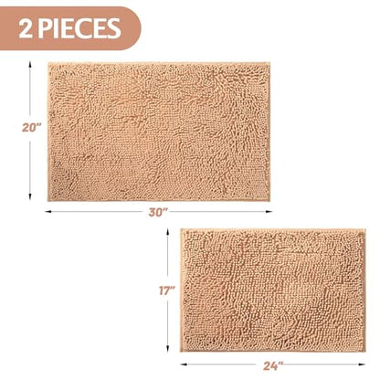 Chenille Bathroom Rugs Set 2 Piece, Absorbent Bath Rugs, Non-Slip Bath Mats, Machine Washable Rugs for Bathroom Floor, Tub and Shower, Beige (20 × 30 Plus 17 ×24 - Inch) - color: Beige