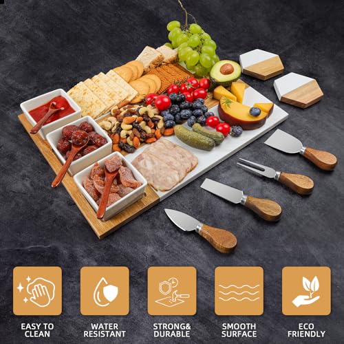 Charcuterie Board Set, Marble Cheese Boards, 15.74“ Wood - Marble Cheese Board Set for Couples 2026, Valentine's Day, Bridal Shower, Housewarming Gifts New Home, Gifts for Women