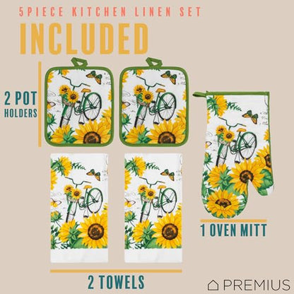 5 Piece Bicycle & Sunflowers Printed Kitchen Linen Set, 2 Cotton Towels,2 Potholders,1 Oven Mitt with Hanging Loop,100% Cotton Material on Front & Polyester Backing, Perfect for Kitchen - color: Bicycle & Sunflowers