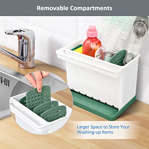 JOMOLA Kitchen Sink Organizer Dish Brush Sponge Holder Caddy Toothbrush Holders for Bathrooms Sinkware Kitchen Utensil Holder Sink Caddy Organizer with 4 Separate Dividers Removable Drain Tray (Green) - color: Green