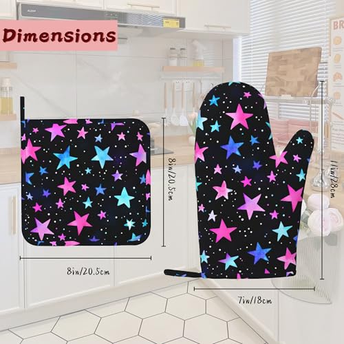 Blue Pink Stars Heat-Resistant Silicone Oven Mitts and Pot Holder 4 Piece Set,Non-Slip Kitchen Oven Gloves for Baking, BBQ, Cooking,Grilling - color: Blue Pink Stars