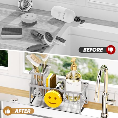 Sponge Holder for Kitchen Sink,Smiley Face Sink Caddy with Removable Brush Holder,Self-Draining Sponge Caddy for Soap,Dish Brush,Scrubber,Kitchen Essentials and Gadgets-Silver - color: 1 Tier Silver
