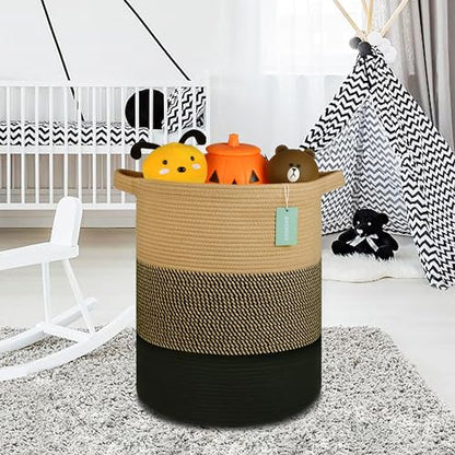 Cotton Rope Blanket Basket, 72L Tall Laundry Hamper, Brown & Black | 16"x 22", Large Collapsible Woven Nursery Hamper with Sturdy Handles for Clothes Toys Towels, Bedroom Living Room Bathroom - color: Brown & Black, size: 72L (16"x22")