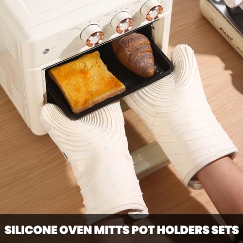 4 Pieces Oven Mitts and Pot Holders of Macaron Color Thickened Non-Slip Silicone Kitchen Gloves, Heat Resistant up to 500F, Essential for Kitchen Baking (makal-bai) - color: Silicone-white