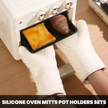 4 Pieces Oven Mitts and Pot Holders of Macaron Color Thickened Non-Slip Silicone Kitchen Gloves, Heat Resistant up to 500F, Essential for Kitchen Baking (makal-bai) - color: Silicone-white