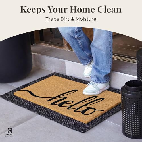 Coir Welcome Mat, Non-Slip, Hello Classic 2, 17 x 29 in | 100% Natural Coir, Anti-Shedding, Durable PVC Backing, Traps Dirt and Mud, Indoor and Outdoor Entryway, Easy to Clean - color: Hello Classic 2