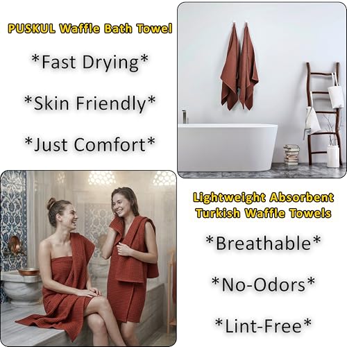 PÜSKÜL 2-Piece Natural 100% Turkish Cotton Waffle Bath Towels Extra-Large | Brick-Red, 32x63" Bath Sheet Towel, Light Soft Absorbent Quick-Dry Lint-Free Premium Honeycomb Weave Oeko-Tex Made in Turkiye - color: Brick
