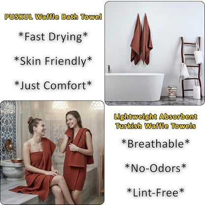 PÜSKÜL 2-Piece Natural 100% Turkish Cotton Waffle Bath Towels Extra-Large | Brick-Red, 32x63" Bath Sheet Towel, Light Soft Absorbent Quick-Dry Lint-Free Premium Honeycomb Weave Oeko-Tex Made in Turkiye - color: Brick