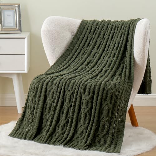 Battilo Olive Green Throw Blanket for Couch, Chunky Cable Knit Blanket, Woven Soft Cozy Chenille Throw Blanket for Bed, Sofa, Chair, Living Room, 51"x67" - color: Olive Green