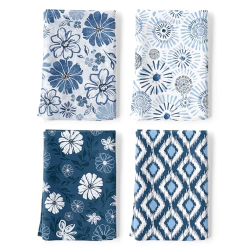 Boho Floral Tea Towels, 100% Cotton Kitchen Towels, Set of 4 | 18.9 x 27.5 in / 48 x 70 cm, Lightweight Woven Dish Cloth with Boho Floral Print for Kitchen Decor, Housewarming Gift - color: Boho