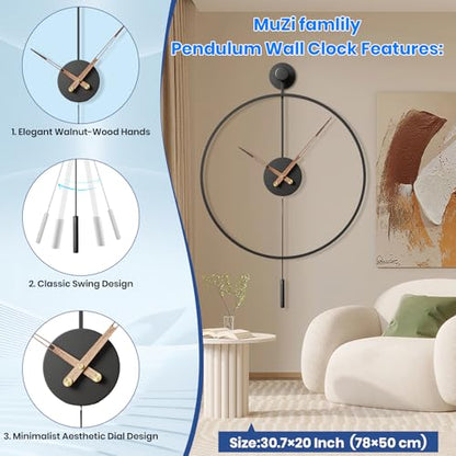 30.7×20 Inch Large Modern Decorative Giant Pendulum Wall Clocks,Big Classical Metal Dial Wall Clock with Walnut Pointers for Living Room,Office,Entryway,Dining Room Decor - size: 30.7×20 inch