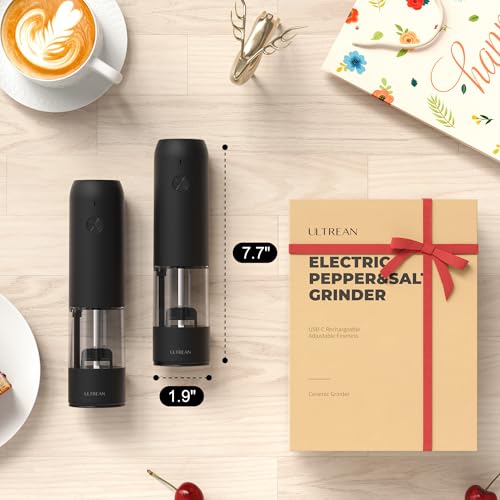 Ultrean Pepper Grinder, Rechargeable Salt and Pepper Grinder with 6 Adjustable Coarseness, LED Light, Automatic Grinder for Kitchen, Home and Kitchen Appliances Birthday Gifts for Women, Black - color: Black