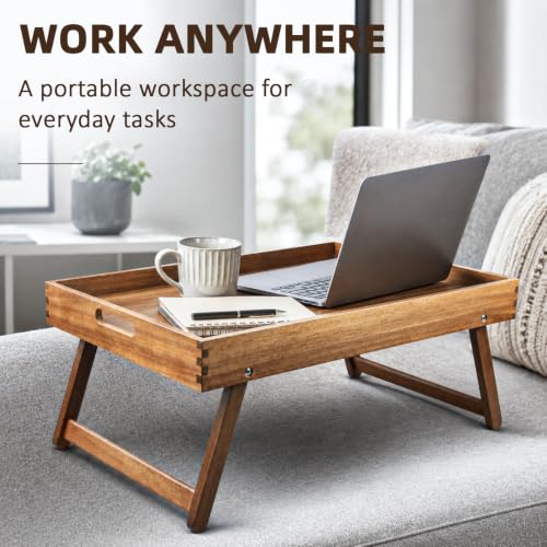Solidith Acacia Wooden Breakfast Tray, Bed Tray with Folding Legs | Extra Large Serving Tray with Handles for Food and Snack,Laptop Desk for Working,Reading,Eating,TV Table
