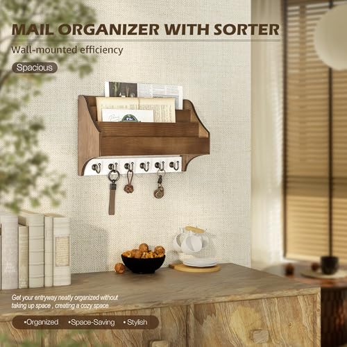 Rebee Vision Mail Organizer Wall Mounted with 3 Mail Slots, Brown&White | Pine Wood, Key Holder Wall Mount, 3-Tier Mail Holder, 6 key hooks, Wall Organizer, Hanging Letters, Entryway Storage - color: Brown&White