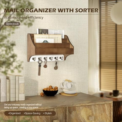 Rebee Vision Mail Organizer Wall Mounted with 3 Mail Slots, Brown&White | Pine Wood, Key Holder Wall Mount, 3-Tier Mail Holder, 6 key hooks, Wall Organizer, Hanging Letters, Entryway Storage - color: Brown&White