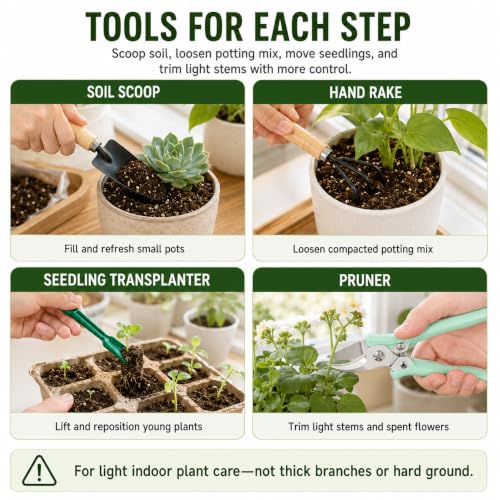 18-Piece Gardening Tool Set for Plants with Repotting Mat | Small-pot care for succulents, bonsai, herbs and seedlings; scoop, trim, label and support new growth