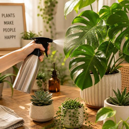 304 Stainless Steel Plant Spray Bottle 500ml, 16oz Refillable Garden Mister for Indoor Plants, Leaf Cleaning & Humidity Control, Durable Metal Spray Bottle for Gardening, Hair, Cleaning