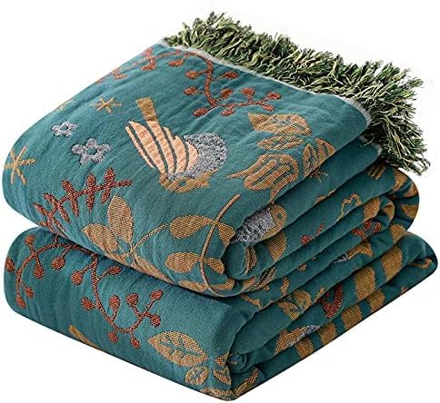 100% Cotton Boho Throw Blanket for Couch 4-Layer Gauze Ultra Soft Breathable Rustic Quilt 50" x 60" Birds and Floral Muslin Summer Blanket for Sofa Chair Bed Home Decor,Teal - color: Animal Spring Bird, size: 50"x60"