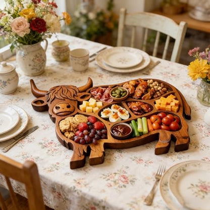 High Cow Wooden Board with Compartments Food Platter Appetizer Serving Tray Farmhouse Home Party Decors