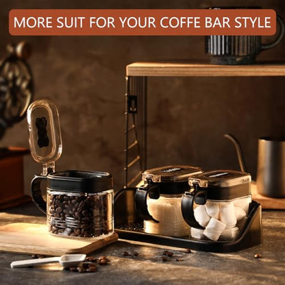 3 Pcs Sugar Coffee Container Set 16 oz Glass Condiment Jar Spice Container Coffee Station Organizer Set with Lable Stickers Scoop for Bean and Sugar Candy, Oats, Nuts (Black) - color: Black