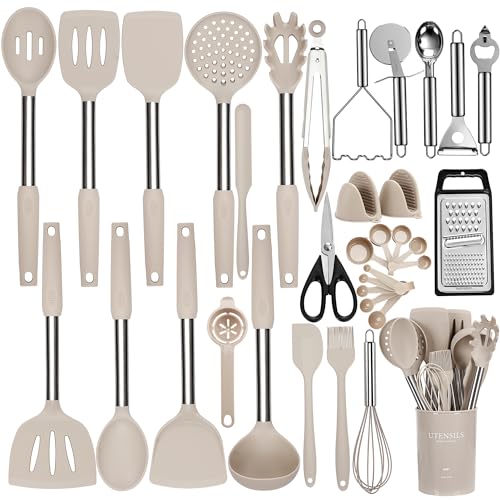 NCUE 35 Pcs Silicone Cooking Utensils Set BPA Free 446°F Heat Resistant | Stainless Steel Handles Kitchen Utensils Set, Thickened Heads Silicone Grips Nonstick Dishwasher Safe for Baking Housewarming - color: Khaki