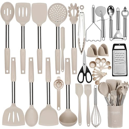 NCUE 35 Pcs Silicone Cooking Utensils Set BPA Free 446°F Heat Resistant | Stainless Steel Handles Kitchen Utensils Set, Thickened Heads Silicone Grips Nonstick Dishwasher Safe for Baking Housewarming - color: Khaki