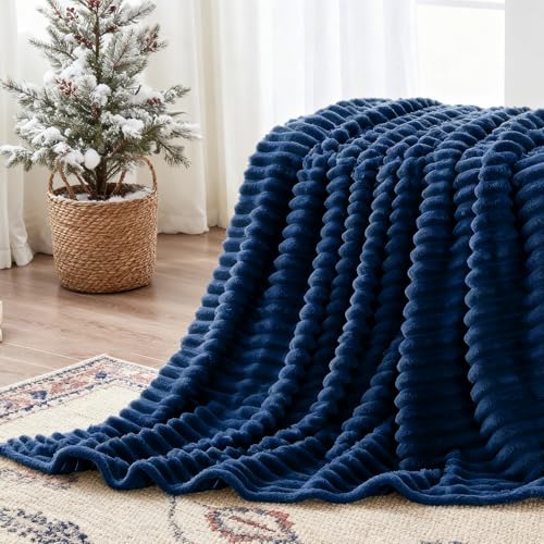 Nookly Navy Twin Size Fleece Blanket, Soft Lightweight Ribbed Plush Bed Blanket, Cozy All-Season Striped Fleece Twin Throw for Bedroom and Home, 60x80 Inches - color: Navy, size: Twin(60"x80")