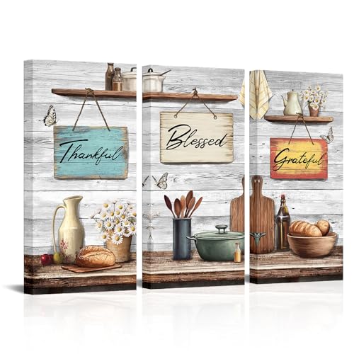 sechars Rustic Dining Room Wall Art Thankful Blessed Grateful Signs Decor Vintage Wood Background Canvas Print Rustic Farmhouse Kitchen Decor
