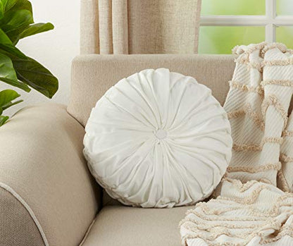 SARO LIFESTYLE Round Velvet Pintucked Poly Filled Throw Pillow - color: White, size: 1 Count (Pack of 1)