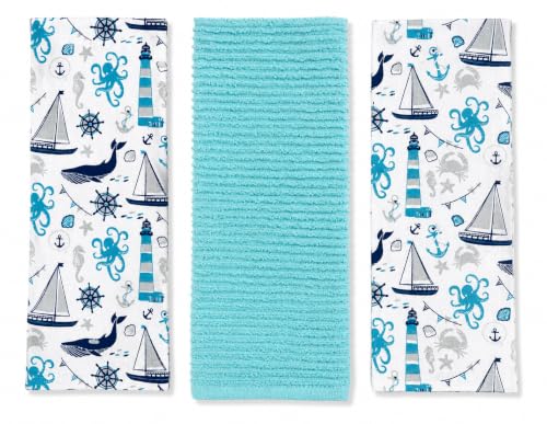 Coastal Kitchen Dish Hand Towel Set: Nautical Ocean Lighthouse Sea Life Design, Set of 3, 100% Cotton (Coastal) - color: Coastal