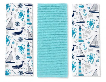 Coastal Kitchen Dish Hand Towel Set: Nautical Ocean Lighthouse Sea Life Design, Set of 3, 100% Cotton (Coastal) - color: Coastal