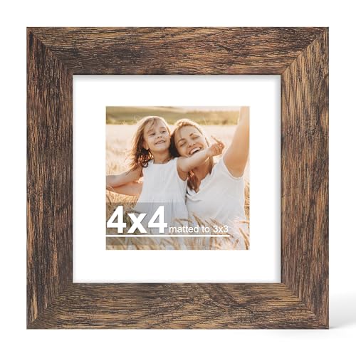 Hongkee 4x4 Picture Frame with Real Glass Wood Frame, 1 Pack (with Mat 3x3) | Rustic Brown, Display 4 x 4 No Mat for Wall and Tabletop for Photos, Artwork; Fits Home, Office & Gallery Wall Decor - color: Rustic Brown, size: 4X4 in