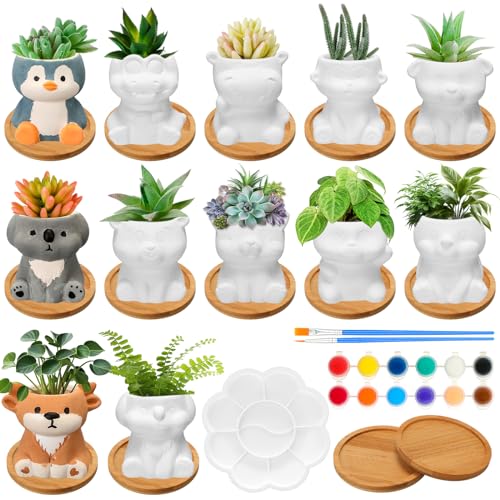 Hushee 12 Sets Ceramic Succulent Planters Paintable Succulent Plant Pots Small DIY Figurines Unpainted Pots with Drainage Hole Color Paints Paintbrushes Palettes - color: Animal