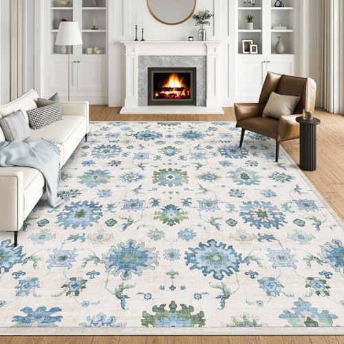 BLISSA Area Rugs 9x12 Living Room Blue Sage Green Oriental Oushak Print Rug | Washable Soft Bedroom Area Rug Extra Large Ultra-Thin Distressed Non-Slip Boho Carpet for Dining Room Nursery Playroom - color: Blue / Sage Green, size: 9' x 12' (Rectangular)