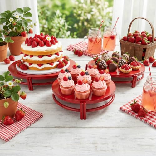 Red 3Pcs Nesting Metal Cake Plate Stand Set 8"10"12" Dessert Display | Tray Cupcake Display Stands Table Decoration Cookie Serving Plates for Wedding Birthday Party - color: Red