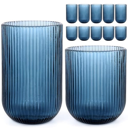 12 Piece Blue Ribbed Glassware Set, 14 oz Highball & 9 oz Rocks Glasses | Fluted Design, Blue Ribbed Glasses Cup Set for Milk, Water, Cocktail, Juice, Beer, ToothBrush Cup