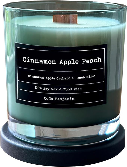 100% Soy, Highly Scented, Hand Poured Soy Candle (Cinnamon Apple Peach (Wooden Wick)) - style: Cinnamon Apple Peach (Wooden Wick)