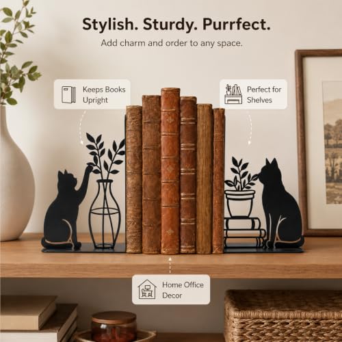 Decorative Cat Bookends, Metal Book Ends for Shelves - Cute Modern Cat Shape Bookend Holder for Bookshelf, Home Office Desk Decor, for Cat Lovers & Reading Enthusiasts