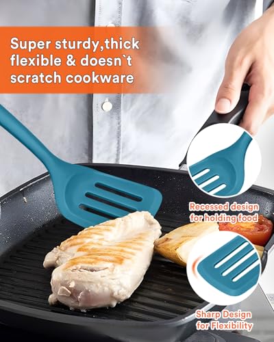 Kitchen Utensils Set, 13PCS Silicone Cooking Utensils, Heat Resistant Kitchen Utensil Spatula Set for Nonstick Cookware, Wooden Handles Kitchen Gadgets Tools Set (BLUE) - color: Blue
