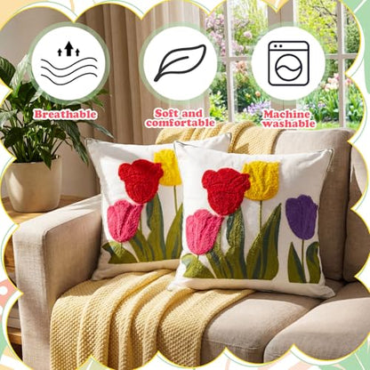Hahafelt 2Pcs Spring Floral Embroidered Decorative Throw Pillow Covers 18"x 18" Tulip Flower Pillow Covers with Zipper Farmhouse Cushion Cases for Couch Bed Sofa Living Room Bedroom Decor Gift - style: Tulip