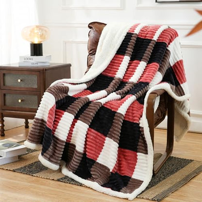 PU MEI Sherpa Blanket Twin Plaid Thick Bed Blanket, 60”*80” Super Soft Flannel Fuzzy Fleece Reversible Velvet Plush Warm Blanket for Couch (Black Red Check) - color: Black Red Check, size: 60"*80"