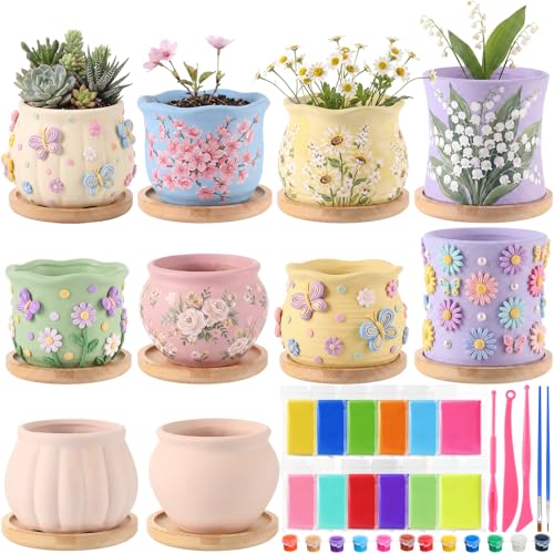 10 Pcs 3.5 Inch Mini Succulent Pots with Bamboo Tray Paint Your Own Ceramic Pot Craft Kit Ready-to-paint Small Planters Container with Drainage Hole Paint Set Clay Kit DIY Craft for Plant Lover