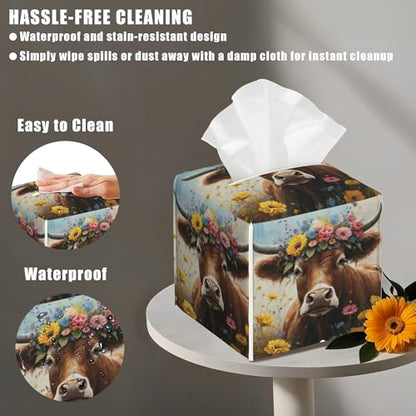 Leather Tissue Box Holder Cow with Flowers Tissue Box Cover Facial Paper Case Organizer Cube Napkin Dispenser for Bathroom Vanity Countertop Night Stand Office Car - color: Cow With Flowers