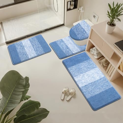 Bsmathom Bathroom Rug Set 4 Piece, Plush Microfiber Bath Mat, Blue | Extra Water Absorbent, Non Slip Washable Runner Bath Rugs with Toilet Lid Cover and U-shaped Contour Toilet Mat - color: Blue, size: 18"x26"+18"x48"+U20"x24"+Cover19"x21"