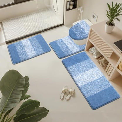 Bsmathom Bathroom Rug Set 4 Piece, Plush Microfiber Bath Mat, Blue | Extra Water Absorbent, Non Slip Washable Runner Bath Rugs with Toilet Lid Cover and U-shaped Contour Toilet Mat - color: Blue, size: 20"x31"+20"x59"+U20"x24"+Cover19"x21"