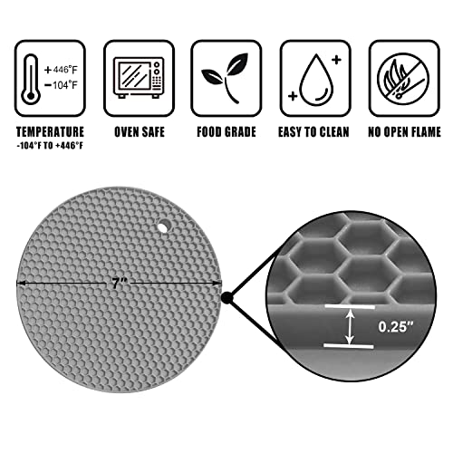 Walfos Silicone Trivet Mats - 4 Heat Resistant Pot Holders, Multipurpose Non-Slip Hot Pads for Kitchen Potholders, Hot Dishers, Jar Opener, Spoon Holder, Food Grade Silicone & BPA Free (Round) - style: 7in, 4 Grey Round