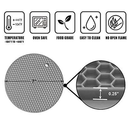 Walfos Silicone Trivet Mats - 4 Heat Resistant Pot Holders, Multipurpose Non-Slip Hot Pads for Kitchen Potholders, Hot Dishers, Jar Opener, Spoon Holder, Food Grade Silicone & BPA Free (Round) - style: 7in, 4 Grey Round